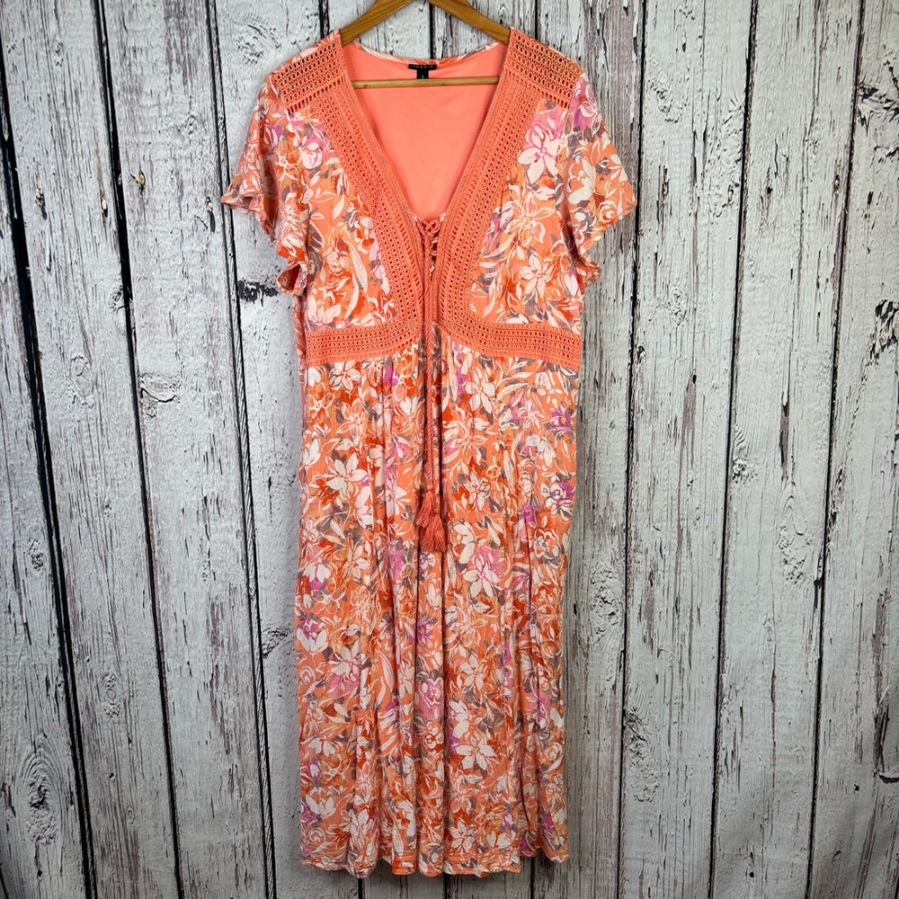 Torrid 2X 18-20 Plus Size Lace Up Tea Length Dress Crinkle Gauze Floral Coral